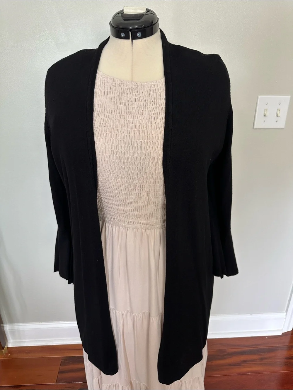 Chico's Black Open-Front tunic length Cardigan with tulip sleeves.